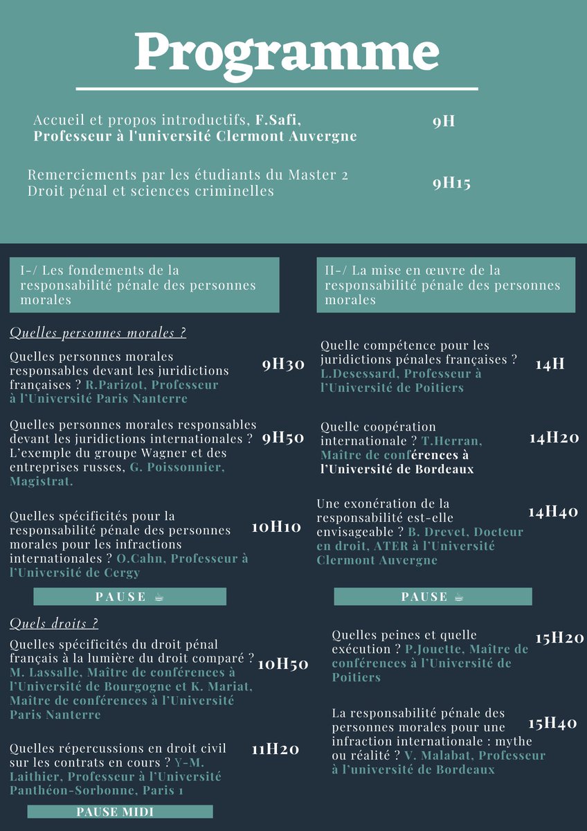 A ne pas manquer, colloque du 10 mars prochain à <a href="/ecole_droit_UCA/">Ecole de Droit de l'Université Clermont Auvergne</a> sur la responsabilité pénale des personnes morales pour les crimes internationaux commis en Ukraine. On vous attend nombreux ! <a href="/masterDtPenal/">Master 2 droit pénal et sciences criminelles UCA</a> <a href="/CmhUca/">CentreMichelHospital</a>