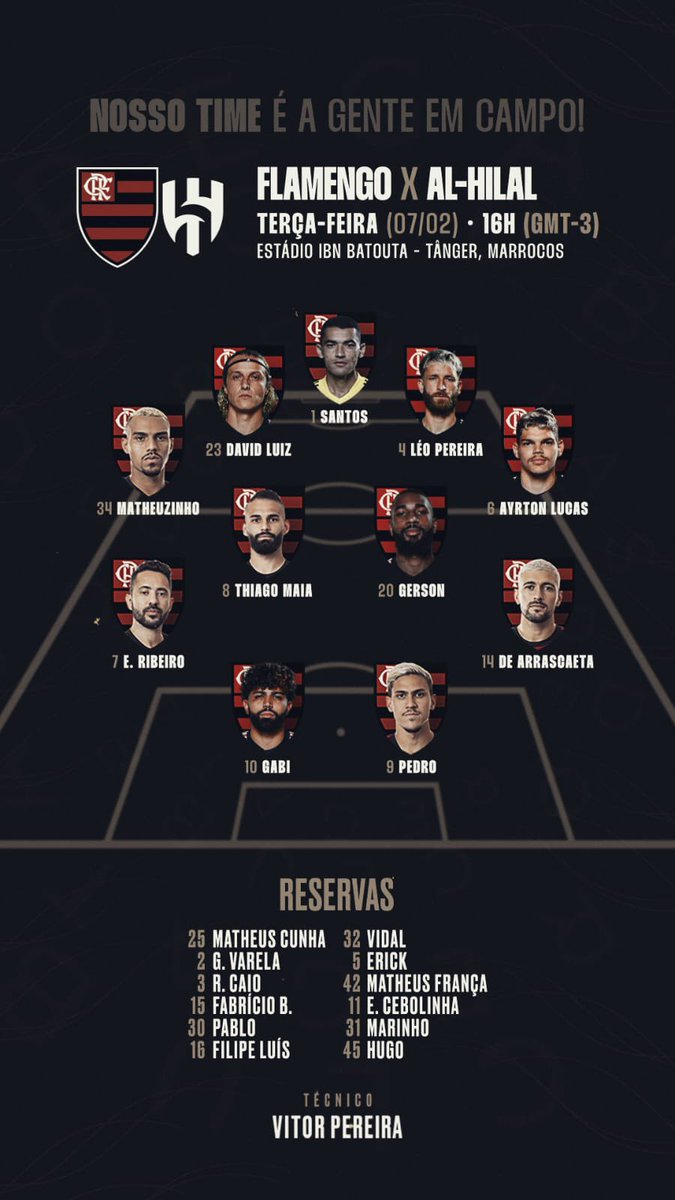 venecasagrande's tweet photo. Agora é oficial. Flamengo escalado para pegar o Al Hilal. Matheuzinho e Ayrton Lucas serão os laterais. https://t.co/jIZqkh5YSm