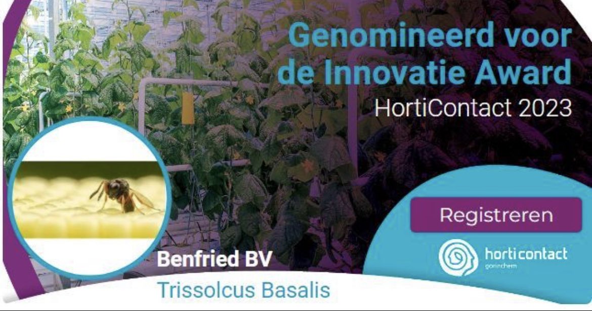 𝐆𝐞𝐧𝐨𝐦𝐢𝐧𝐞𝐞𝐫𝐝 𝐯𝐨𝐨𝐫 𝐝𝐞 𝐇𝐨𝐫𝐭𝐢𝐜𝐨𝐧𝐭𝐚𝐜𝐭 𝐈𝐧𝐧𝐨𝐯𝐚𝐭𝐢𝐞 𝐀𝐰𝐚𝐫𝐝! 🏆 
Ons product Trissolcus Basalis is genomineerd voor de <a href="/HortiContact/">HortiContact</a> innovatie award.🦟

Stemmen kan nu via onderstaande link! 
bit.ly/3j9ElYZ