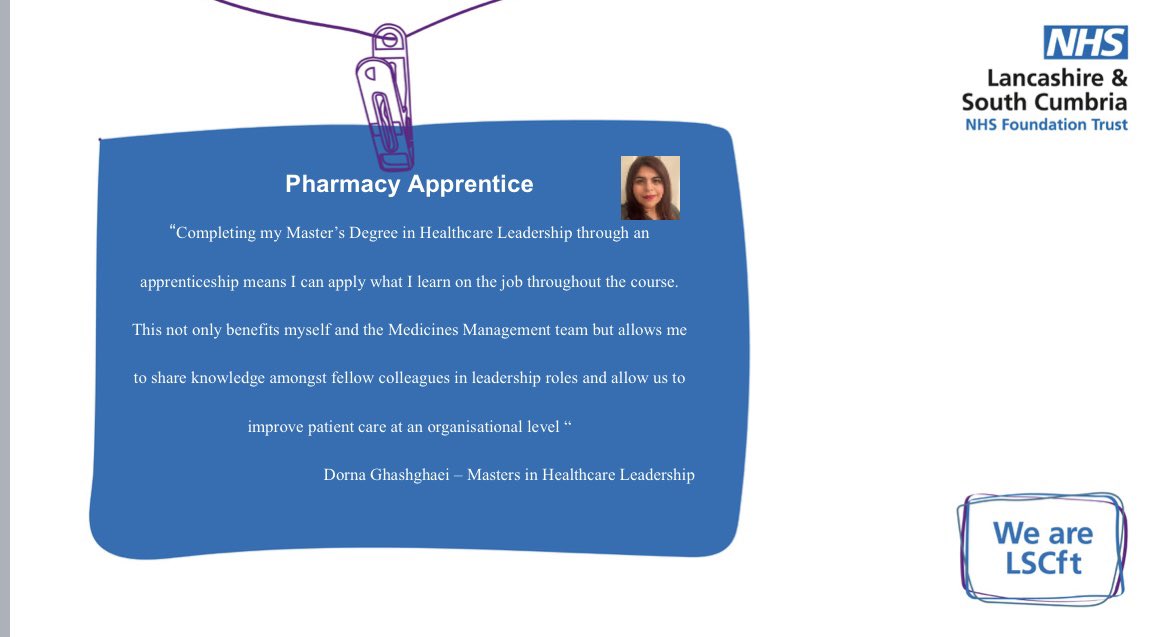 Next up is our Deputy Lead Pharmacist in Fylde. Dorna is completing a Masters Degree in Healthcare Leadership via an apprenticeship. A great example of a senior colleague who is continuing their professional development to be the best they can be! #NWA2023 @WeAreLSCFT