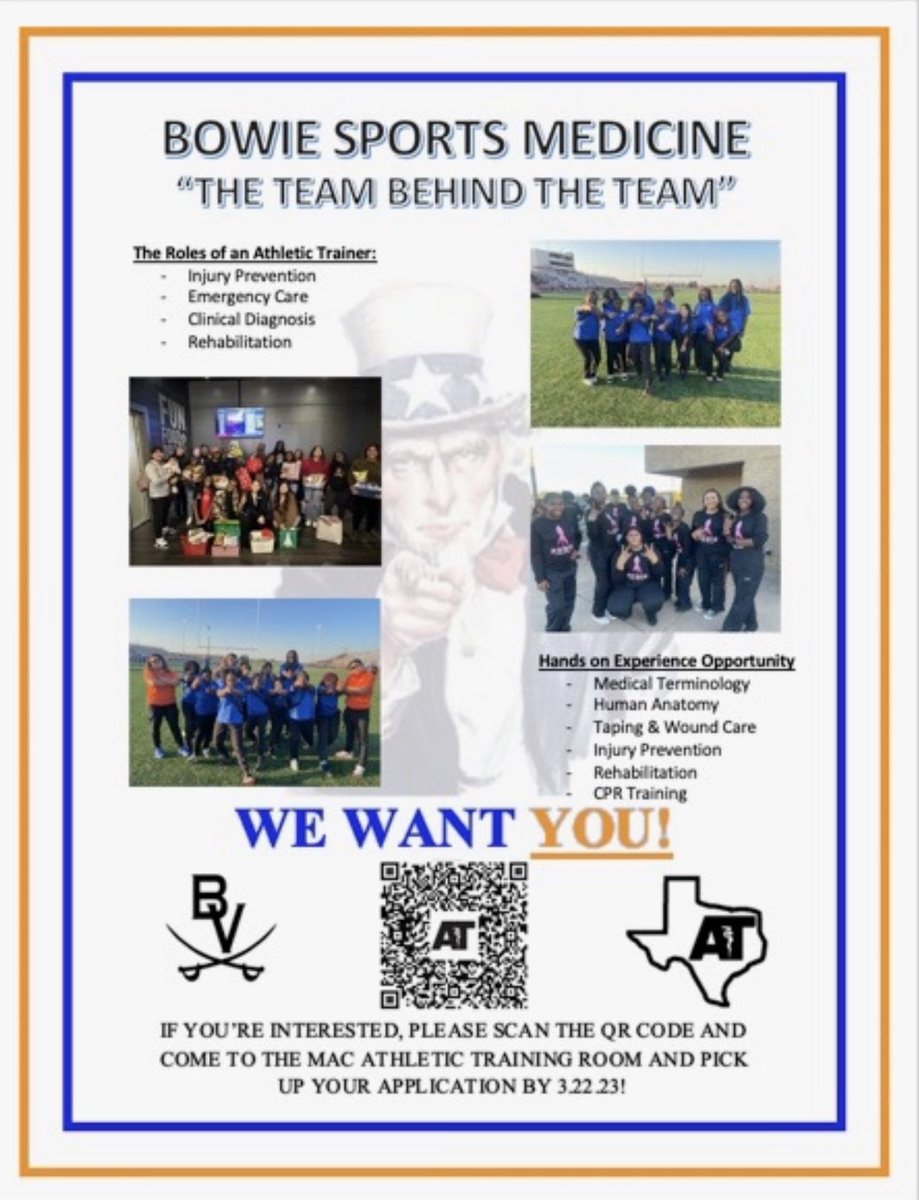Bowie Volunteers Sports Medicine (@bowiesportsmed) on Twitter photo The time is NOW and we want YOU! If youโre interested in joining our Sports Medicine Program, please swing by the MAC Athletic Training Room and pick up your application forms. Thank you! <a href="/JamesBowieNHS/">James Bowie High School NHS</a> <a href="/JamesBowieHS/">Bowie High School</a> <a href="/JamesBowieCnslr/">JamesBowieHSCnslrs</a> <a href="/BowiePtech/">BowiePTECH</a> <a href="/Barnett_JHS/">Barnett Junior High</a> The time is NOW and we want YOU! If youโre interested in joining our Sports Medicine Program, please swing by the MAC Athletic Training Room and pick up your application forms. Thank you! <a href="/JamesBowieNHS/">James Bowie High School NHS</a> <a href="/JamesBowieHS/">Bowie High School</a> <a href="/JamesBowieCnslr/">JamesBowieHSCnslrs</a> <a href="/BowiePtech/">BowiePTECH</a> <a href="/Barnett_JHS/">Barnett Junior High</a>