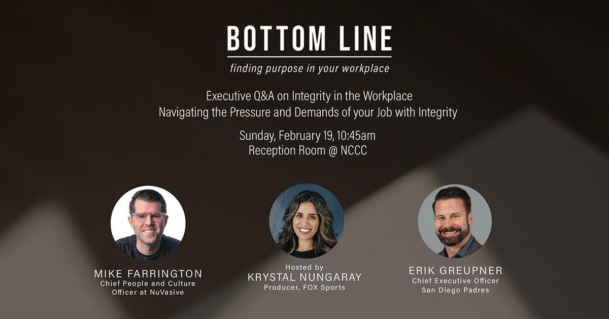 NorthCoastCa's tweet photo. Join us as San Diego Padres CEO Erik Greupner and NuVaisve CPO Mike Farrington about navigating the pressure and demands we face in our careers with integrity. Community Mixer at North 

Coast Calvary Chapel is on Sunday, Feb 19, 10:45am, C-105

#bottomline #purpose #workplace https://t.co/4ML8SpfbV8