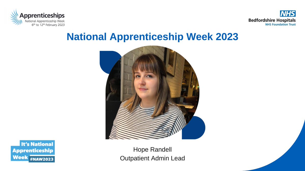 bedfordhospital's tweet photo. Hope Randell, Outpatient Admin Lead, is an ambassador for apprenticeships. 

All of her apprentices who completed their qualification have gained full-time employment with the Trust. 

Some have risen very quickly into promoted posts after they qualified. 

#NAW2023 https://t.co/rNIS6glSEO