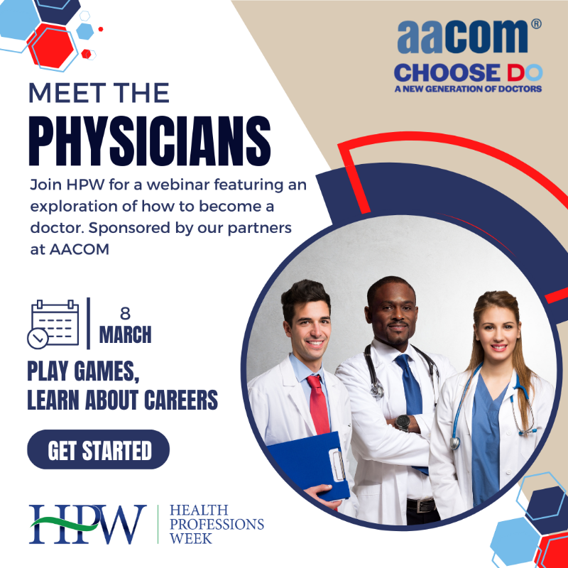 AACOMmunities's tweet photo. AACOM is hosting the "Meet the Physicians – an exploration of how to become a doctor" webinar at #SpringHPW. This webinar will focus on identifying the steps future physicians take to pursue their top-choice residency program. Join us on 3/8 at 7pm ET. Click here to register.