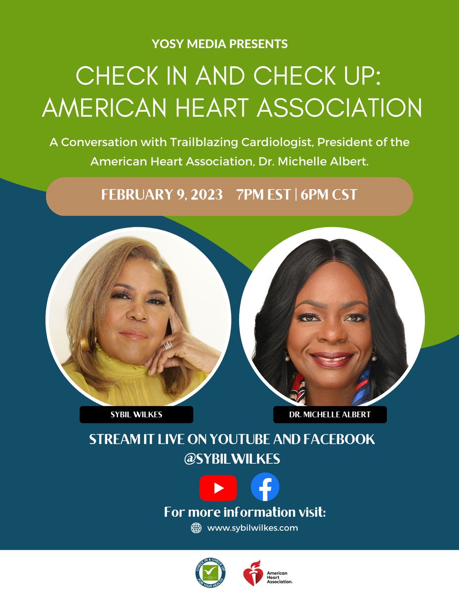 SybilWilkes's tweet photo. FEBRUARY 9th, 2023
7PM EST | 6PM CST
A Conversation with Trailblazing Cardiologist, President of the American Heart Association, Dr. Michelle Albert.
#whatyouneedtoknow #checkinandcheckup https://t.co/rvbQV4qt3J
