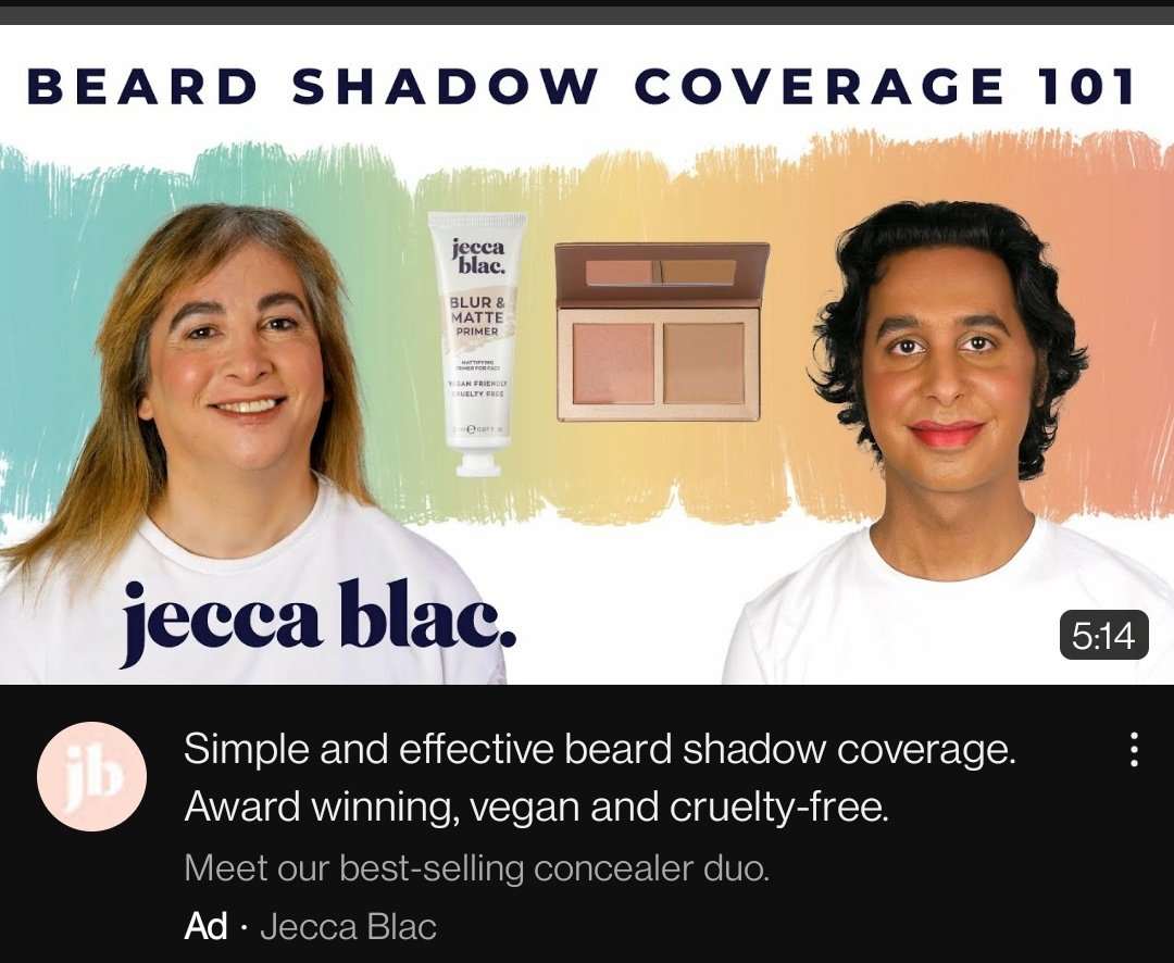 I had occasionally wondered if transwomen possessed secret ultrasmooth face shaving technology unavailable to cis men but thanks to YouTube ads I now know their secret: makeup. so much makeup.