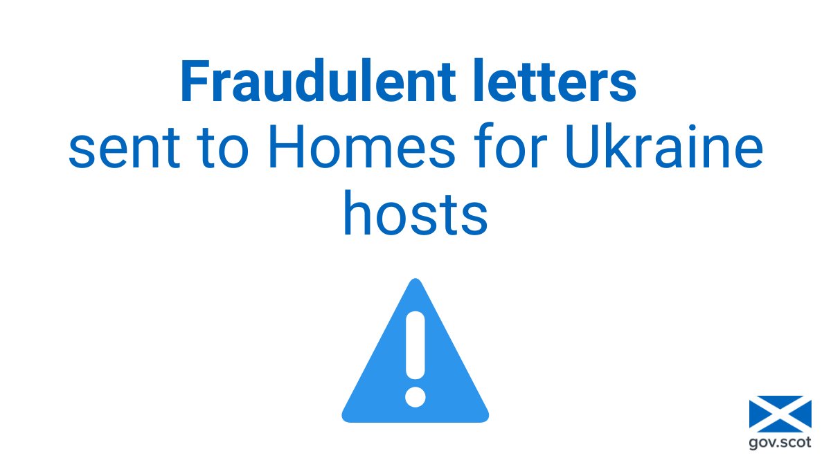 scotgov's tweet photo. We are aware of fraudulent letters being sent to Homes for Ukraine hosts.

These are not from @luhc or Scottish Government.

Visit https://t.co/pzJxu0T7CH for more information on how we collect and process personal data. https://t.co/HsGDYYlLpg