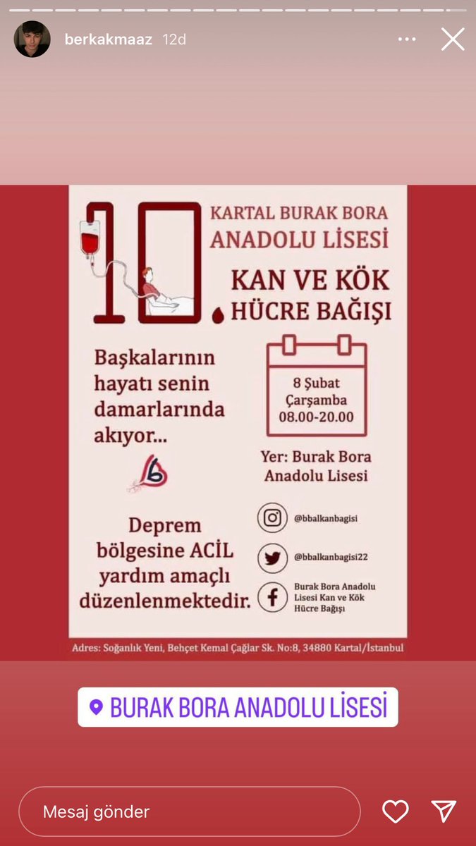 08.02.2023 Çarşamba günü okulumuzda deprem bölgelerine yardım amaçlı  kan bağışı düzenliyoruz.Bir kez kan vererek 3 can kurtarabilirsiniz. Unutmayın ki başkalarının canı damarlarınızda akıyor. #kanvercanver #TurkeyQuake #Turkey <a href="/bbalkanbagisi22/">Burak Bora 10. Geleneksel Kan ve Kök Hücre Bağışı</a> <a href="/BabalaTv/">BaBaLa TV</a> <a href="/evrimagaci/">Evrim Ağacı</a>