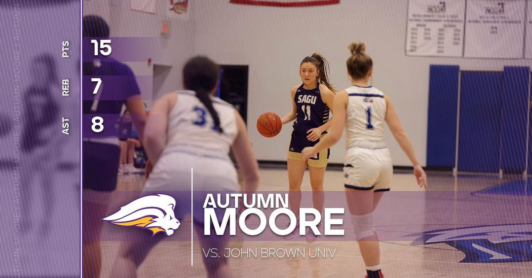 NelsonUSports's tweet photo. Autumn Moore flirts with a triple-double in intense matchup vs John Brown 🦁🏀 @saguwbb @NAIAWomensHoops 

Full Game Recap ➡️ https://t.co/pLMSTMYbeg https://t.co/uzphRn1Mku