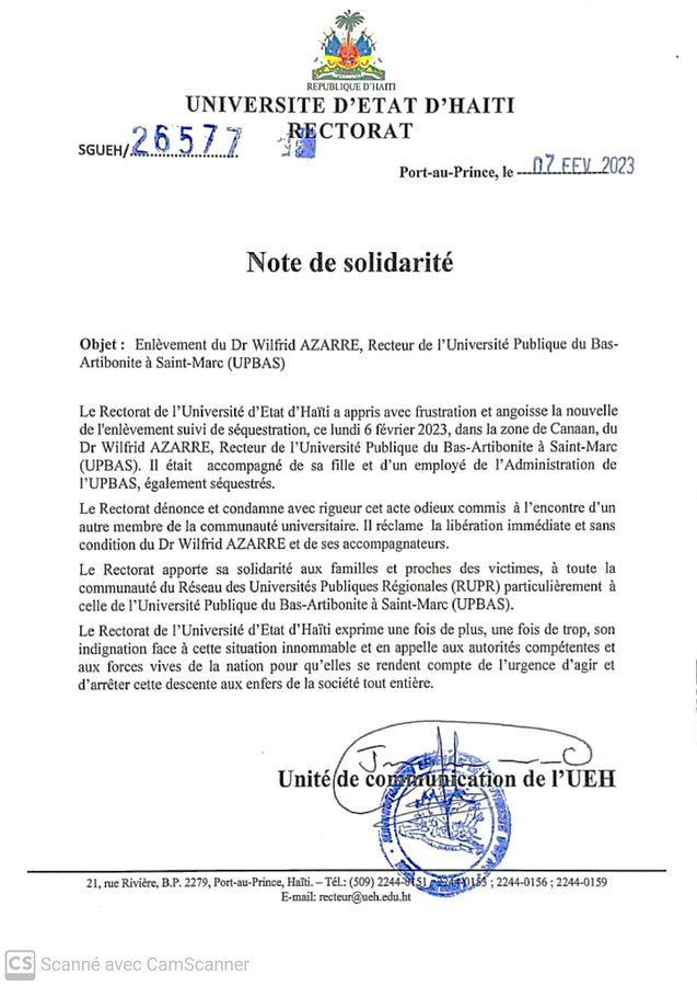 netalkole's tweet photo. 🔴 #Kidnaping : Rektora #UEH la denonse epi reklame liberasyon Rektè #UPBAS la, Wilfrid AZARRE ansanm ak pitit fi li epi yon anplwaye nan administrasyon inivèsite piblik la. Bandi nan Kanaran kidnape yo yè lendi 6 fevriye a.
#netalkolemedia #netalkolenews https://t.co/lYZk4AMefc