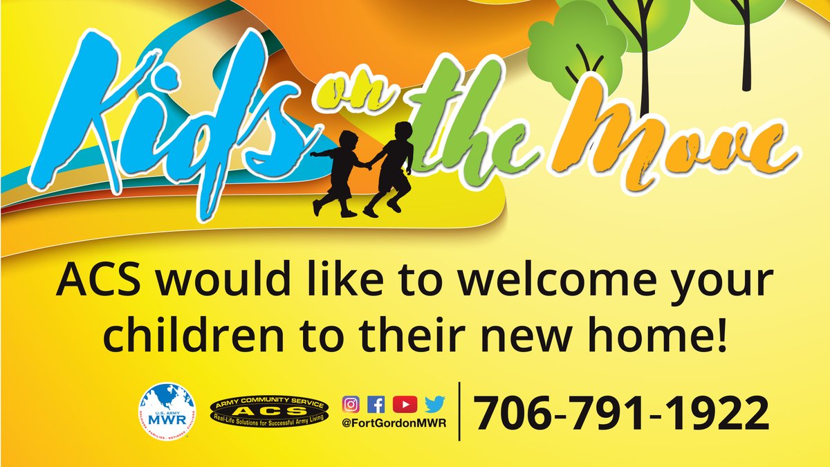 Kids On the Move is a program used to help identify the needs of children during the moving process. Call the Relocation Readiness Program at 706-791-1922 or visit the office in Darling Hall (Room 172) with questions/concerns.

#GordonMWR #ACS #KidsontheMove #RelocationReadiness