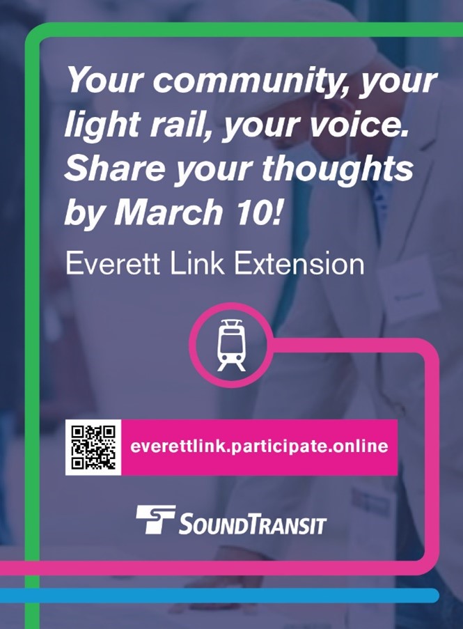 snocounty's tweet image. We want to hear from you, Snohomish County! It’s time to share your thoughts on the #EverettLinkExtension. @SoundTransit is exploring station options, starting from Lynnwood all the way through downtown Everett. Visit ow.ly/UCsC50Mzur2 to share your input by March 10.
