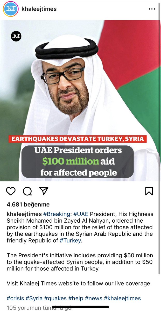 <a href="/pusholder/">Pusholder</a> Birleşik Arap Emirlikleri Başkanı Şeyh Mohamed bin Zayed Al Nahyan depremzedelere 100 milyon dolar bağışlanması emrini verdi.