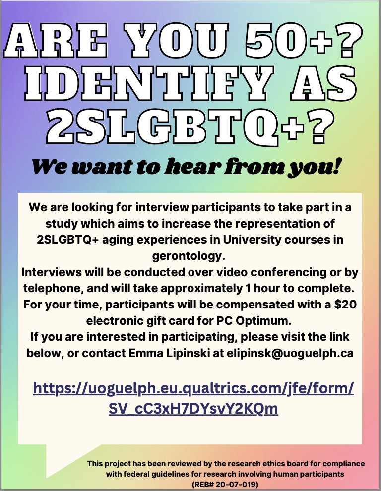 Are you 50+?  Part of the #2SLGBTQ+ community in Canada? 

We are recruiting individuals to take part in our study looking to improve the inclusion of diverse experiences of #aging in post-secondary education. 

Please visit uoguelph.eu.qualtrics.com/jfe/form/SV_cC… to express interest.