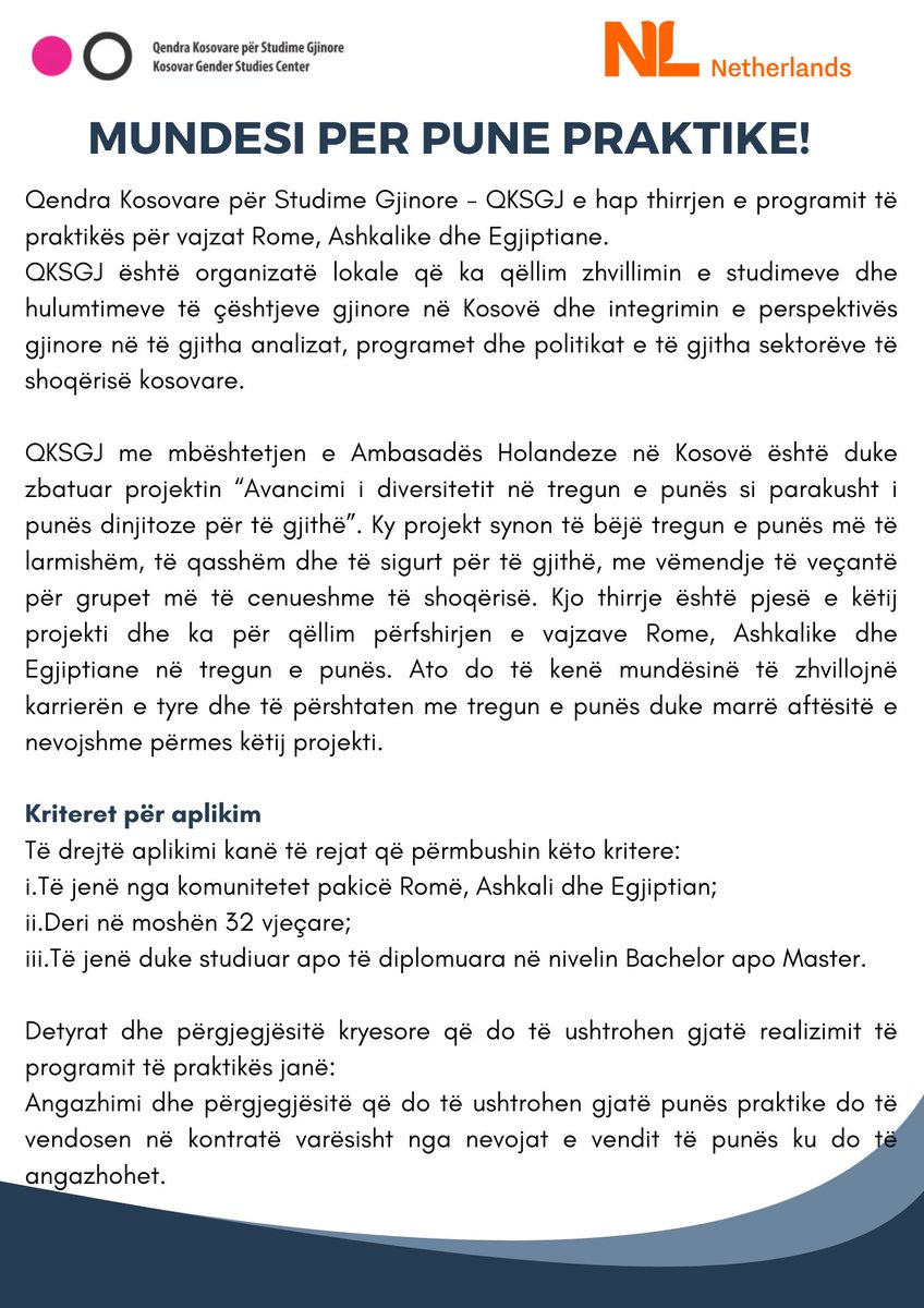 KGSCenter's tweet photo. 📣Mundësi për punë praktike me pagesë!

 📌Qendra Kosovare për Studime Gjinore hap thirrjen e programit të praktikës për vajzat Rome, Ashkalike dhe Egjiptiane;

 📌Aplikoni duke dërguar CV-në dhe Letrën Motivuese në qksgj_kgsc@yahoo.com https://t.co/wNOJGQ5kLI
