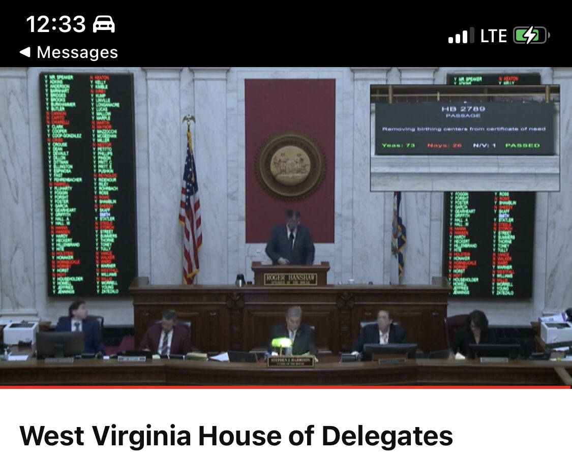 Great job <a href="/wvhouse/">WV House</a> in passing CON Bill: HB 2789 Removing birthing centers from certificate of need! <a href="/WvACNMaffiliate/">WV ACNM Affiliate</a> <a href="/ACNMmidwives/">American College of Nurse-Midwives</a> <a href="/wvhouse/">WV House</a> <a href="/WVNursesAsso/">WVNurses Association</a>