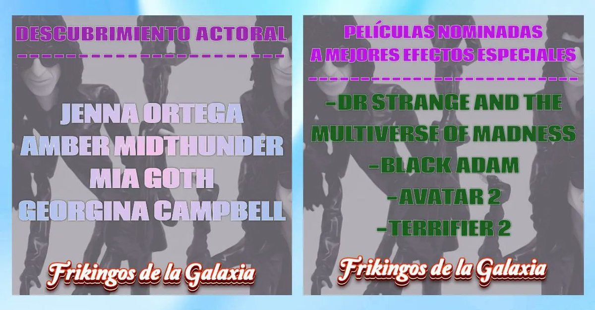 Aquí algunos de los nominados para los Premios Ramones.
@Viejofreak
@yosoydecine
@ElEscudoDelCapi
#PremiosRamones
#FrikingosDeLaGalaxia
#JennaOrtega
#AmberMidthunter
#MiaGoth
#GeorginaCampbell
#DoctorStrange2
#BlackAdam
#Avatar2
#Terrifier2