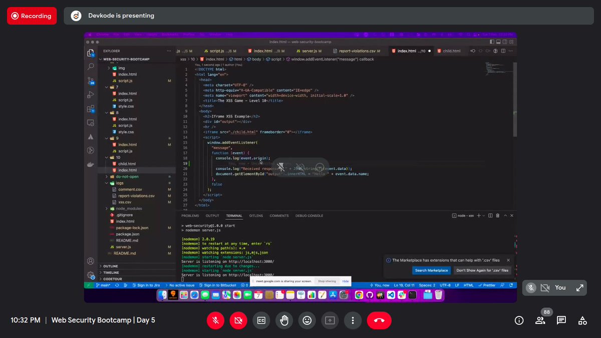 baraik_anand's tweet image. Day 2/151 :
Web security bootcamp day 5 by @devkodeio 
→ we explored more about xss exploitation 
→ got to know about Helmet &amp;amp; how it can be used to secure web apps &amp;amp; log csp report via reportUri 👇
#neogcamp23  #151DaysOfCode
