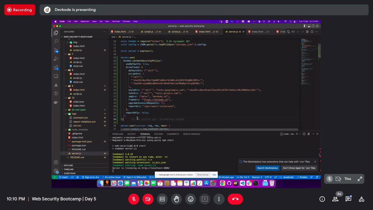 baraik_anand's tweet image. Day 2/151 :
Web security bootcamp day 5 by @devkodeio 
→ we explored more about xss exploitation 
→ got to know about Helmet &amp;amp; how it can be used to secure web apps &amp;amp; log csp report via reportUri 👇
#neogcamp23  #151DaysOfCode