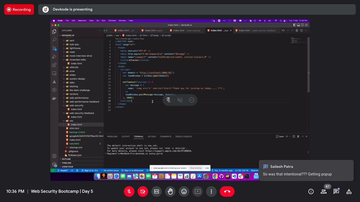 baraik_anand's tweet image. Day 2/151 :
Web security bootcamp day 5 by @devkodeio 
→ we explored more about xss exploitation 
→ got to know about Helmet &amp;amp; how it can be used to secure web apps &amp;amp; log csp report via reportUri 👇
#neogcamp23  #151DaysOfCode