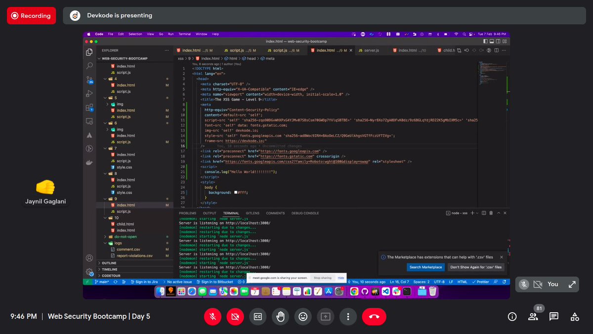 baraik_anand's tweet image. Day 2/151 :
Web security bootcamp day 5 by @devkodeio 
→ we explored more about xss exploitation 
→ got to know about Helmet &amp;amp; how it can be used to secure web apps &amp;amp; log csp report via reportUri 👇
#neogcamp23  #151DaysOfCode