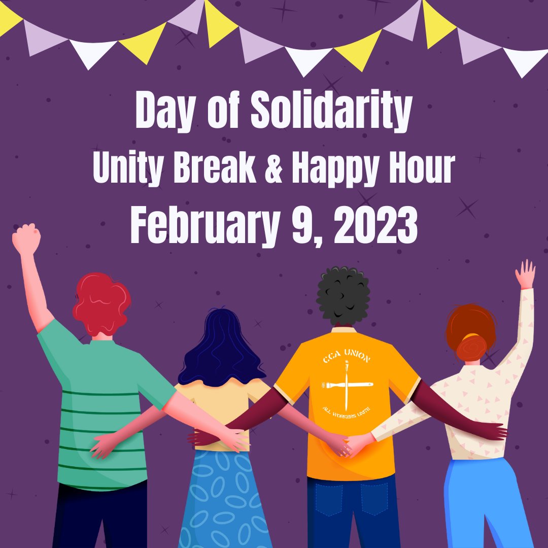 sfoakunite's tweet photo. ✨TODAY!✨ CCA Union's Day of Solidarity! With @CCAAdjunctUnion  We'll have music and refreshments at our Unity Break from 11:30am-12:30pm in front of the main building on 8th Street. Then, we'll gather for Happy Hour from 5pm-7pm at Thee Parkside. 
#CCAUnion #Strikeversary https://t.co/1iHS09uLxR