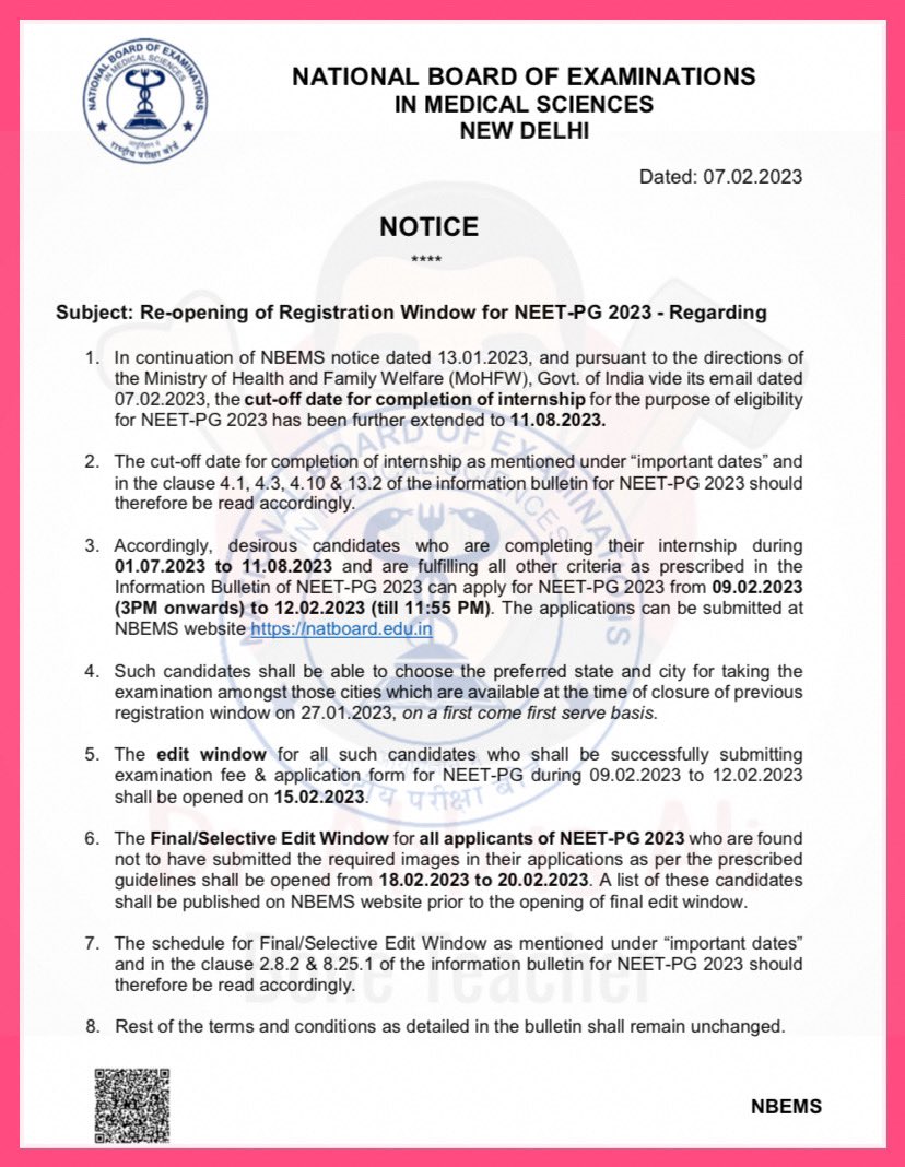 The cut-off date for completion of internship for the purpose of eligibility for #NEETPG 2023 has been further extended to 11.08.2023.