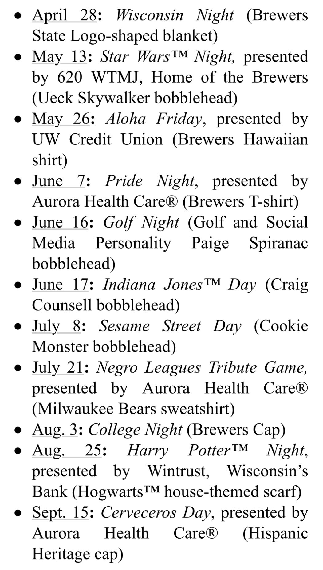 Adam McCalvy on X: Attn: hoarders. Here are the Brewers' theme nights for  2023 with the associated knickknacks. “Ueck Skywalker” is a good one.   / X