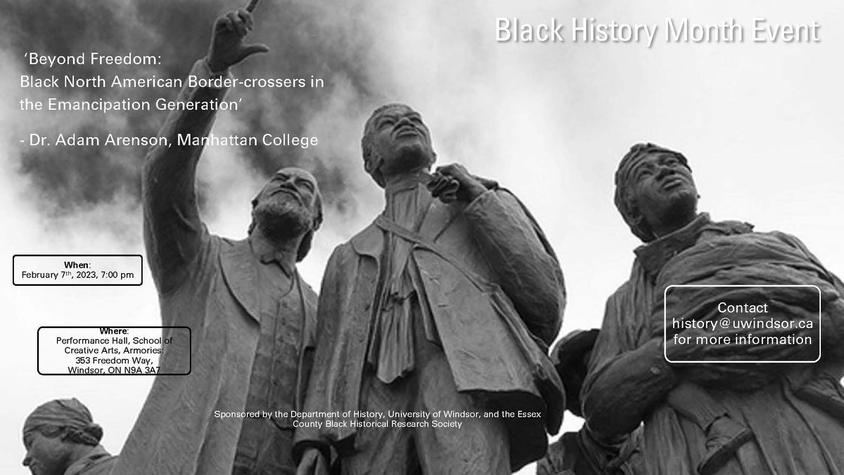 Very excited that <a href="/adamarenson/">Adam Arenson @adamarenson@mastodon.online</a> is here in our town and presenting something thoroughly brilliant tonight at @UwindsorSoca. Can't wait to hear his talk! If you're in or around #yqg, you should, too. <a href="/ecbhrs/">BlackHistoryWindsor</a>  #BlackHistoryMonth #blackhistorymonth2023