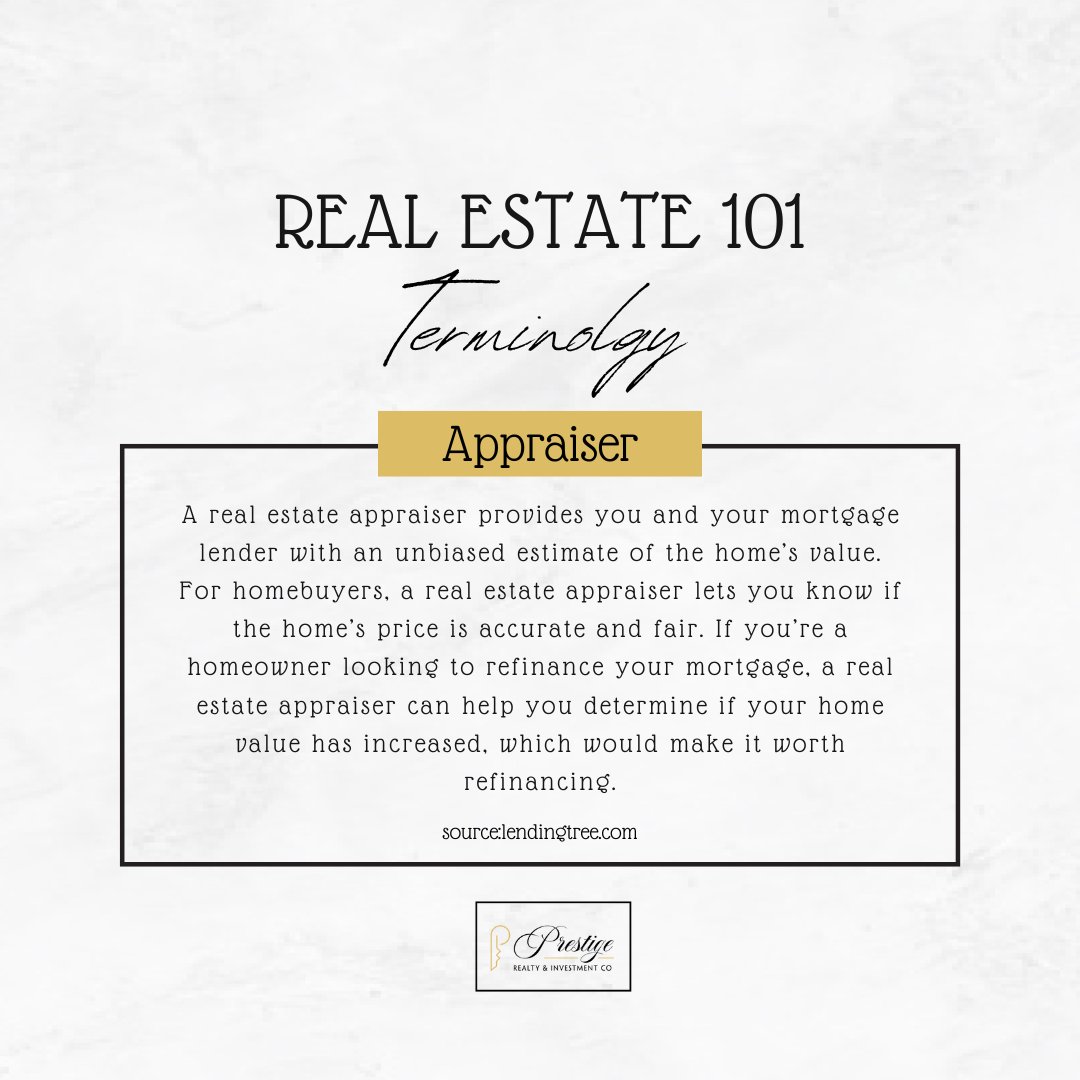 Real Estate Terminology of the Week:
#propertyappraisal #realestate #prestigerealty #property #investment #terminology #realestateterms #educate #realestateinfo #soldbyprestige #newhome