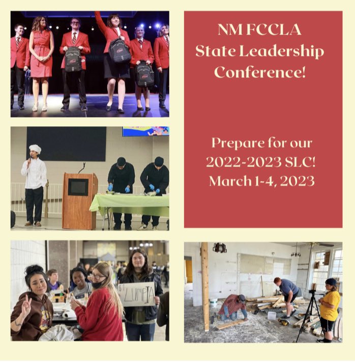 NMFCCLAPres's tweet image. The New Mexico FCCLA State leadership conference is less than 1 month away!!!

#IAMNMCTSO #nmbold4gold @fccla_newmexico @nmctlp