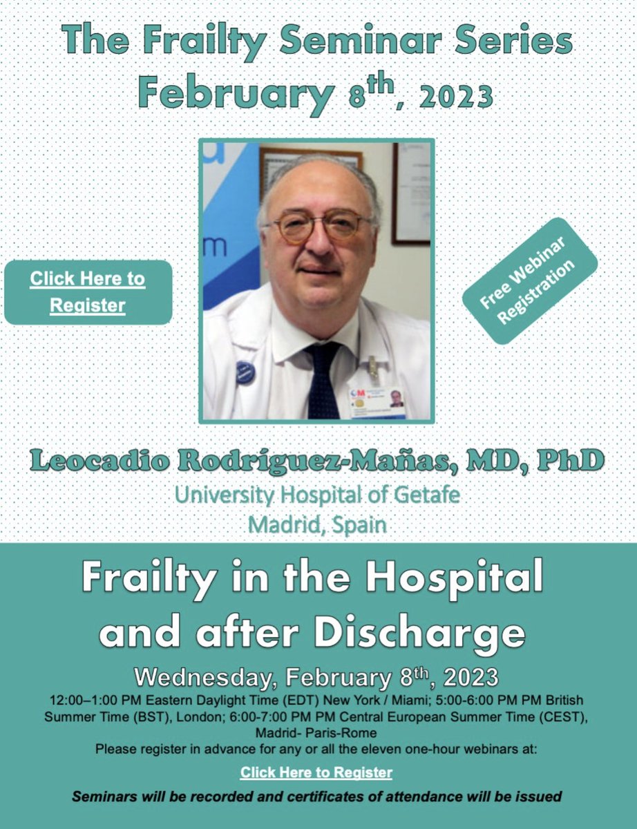 Dear colleague:
We are pleased to invite you to the Global Frailty Network FREE webinar. Dr. Leocadio Rodríguez-Mañas, MD, PhD, University Hospital of Getafe, Madrid, Spain will present “Frailty in the Hospital and after Discharge” on Wednesday, February 8th, 2023, 12-1 PM EDT.