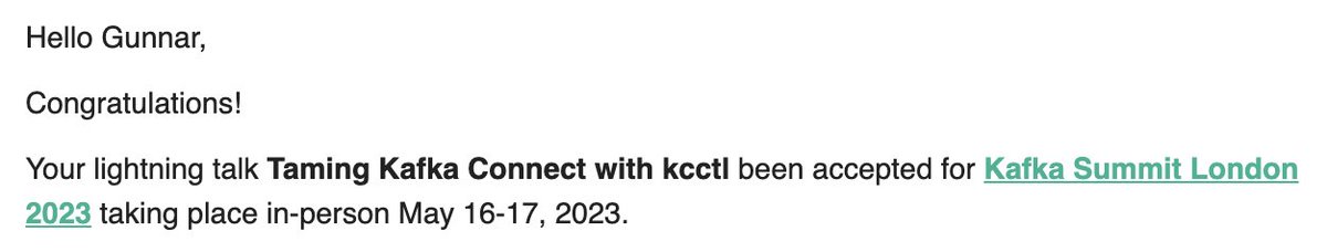 gunnarmorling's tweet photo. 🐻 Woohoo, Casey is going places -- My lightning talk "Taming Kafka Connect with #kcctl" got accepted for #KafkaSummit London '23! Looking forward to meeting with the #Kafka community on May 16/17.
https://t.co/VKdw7o0q7i https://t.co/4lb0e0PQyS