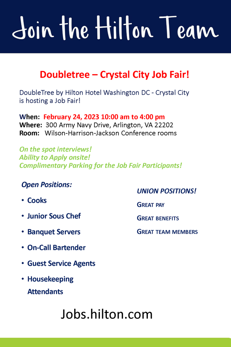 Doubletree 🍪 Crystal City Hiring Event! Fri, 2/24/23 10am-4pm onsite. Apply prior buff.ly/2SwHcMP or at event PLUS on the spot interviews!  @hilton @HiltonCareers #arlingtonva @workcouncil  @NationalLanding #hiring #hiringinarlingtonva #doubletreecookies
