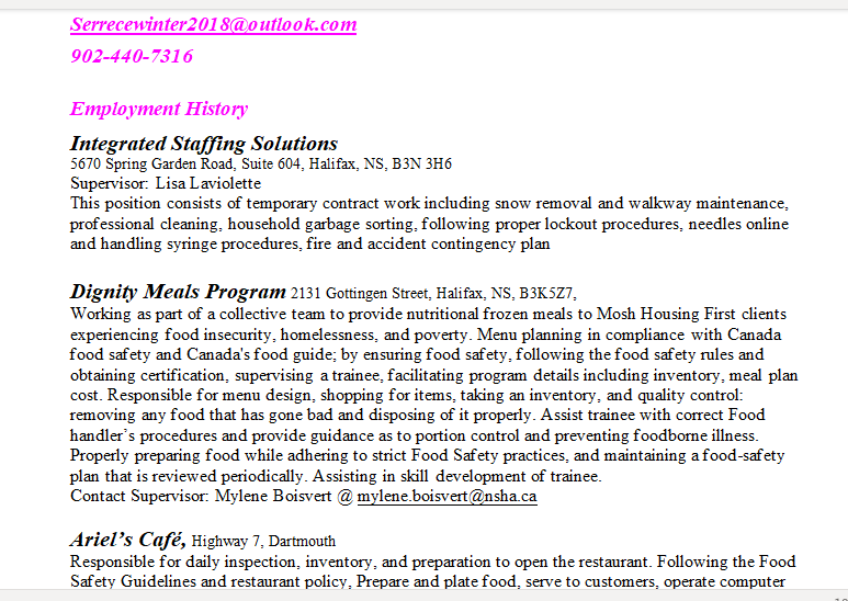 #SerreceWinter #Resume onedrive.live.com/view.aspx?resi… #BlackHistoryMonth #workexperience #workinginCanada #NovaScotia its time to pay your employees a living wage #JustinTrudeau would you not agree I did these jobs while smoking weed not at work though did not suffer #delusions #HRM