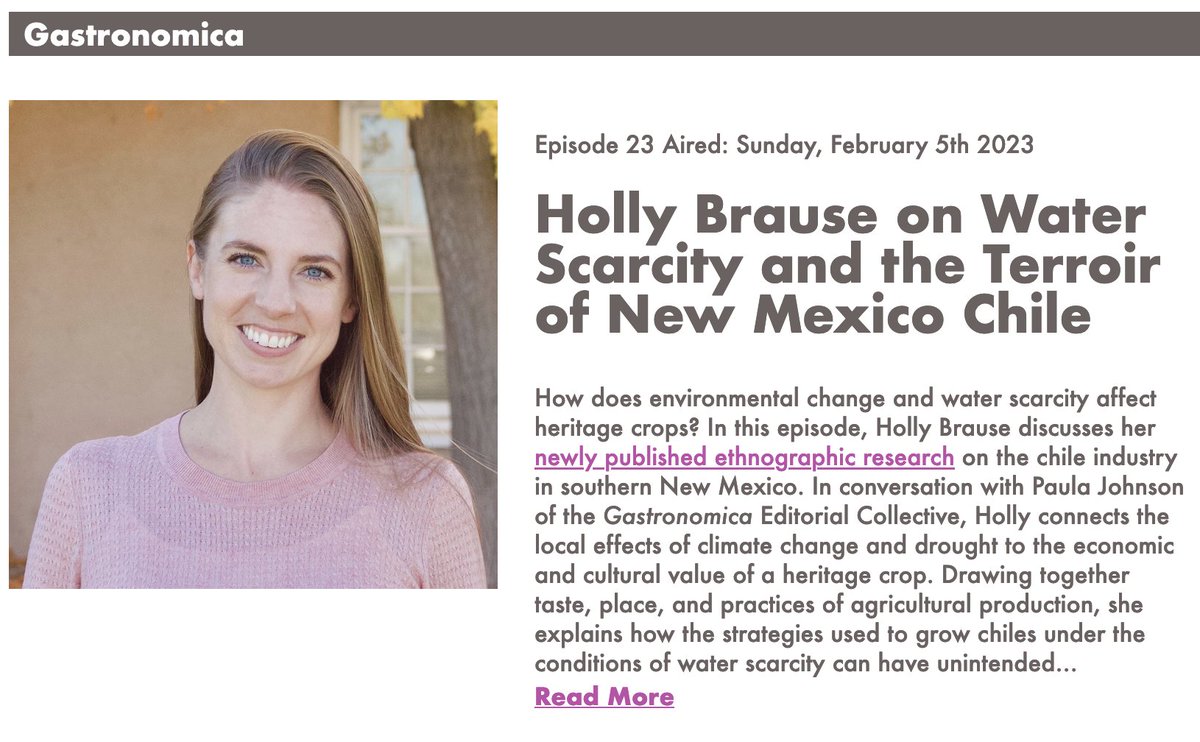 Gastronomica (@gastronomica) on Twitter photo New <a href="/Heritage_Radio/">Heritage Radio Network</a> podcast alert!
Holly Brause discusses her research into the effects of climate change on the New Mexico chile industry with our colleague and <a href="/smithsonian/">Smithsonian</a> curator Paula Johnson:
heritageradionetwork.org/episode/holly-…
<a href="/ucpress/">University of California Press (is on Bluesky)</a> #foodstudies #water New <a href="/Heritage_Radio/">Heritage Radio Network</a> podcast alert!
Holly Brause discusses her research into the effects of climate change on the New Mexico chile industry with our colleague and <a href="/smithsonian/">Smithsonian</a> curator Paula Johnson:
heritageradionetwork.org/episode/holly-…
<a href="/ucpress/">University of California Press (is on Bluesky)</a> #foodstudies #water
