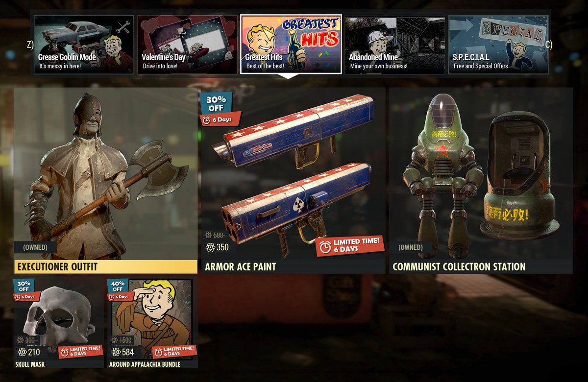 MadDokGrot's tweet photo. Atomic Shop This Week!!
Fallout first Fasnachtler set, Greas bundle , CARS , ...
#Fallout76 #Fallout https://t.co/B4aoZB5qoz