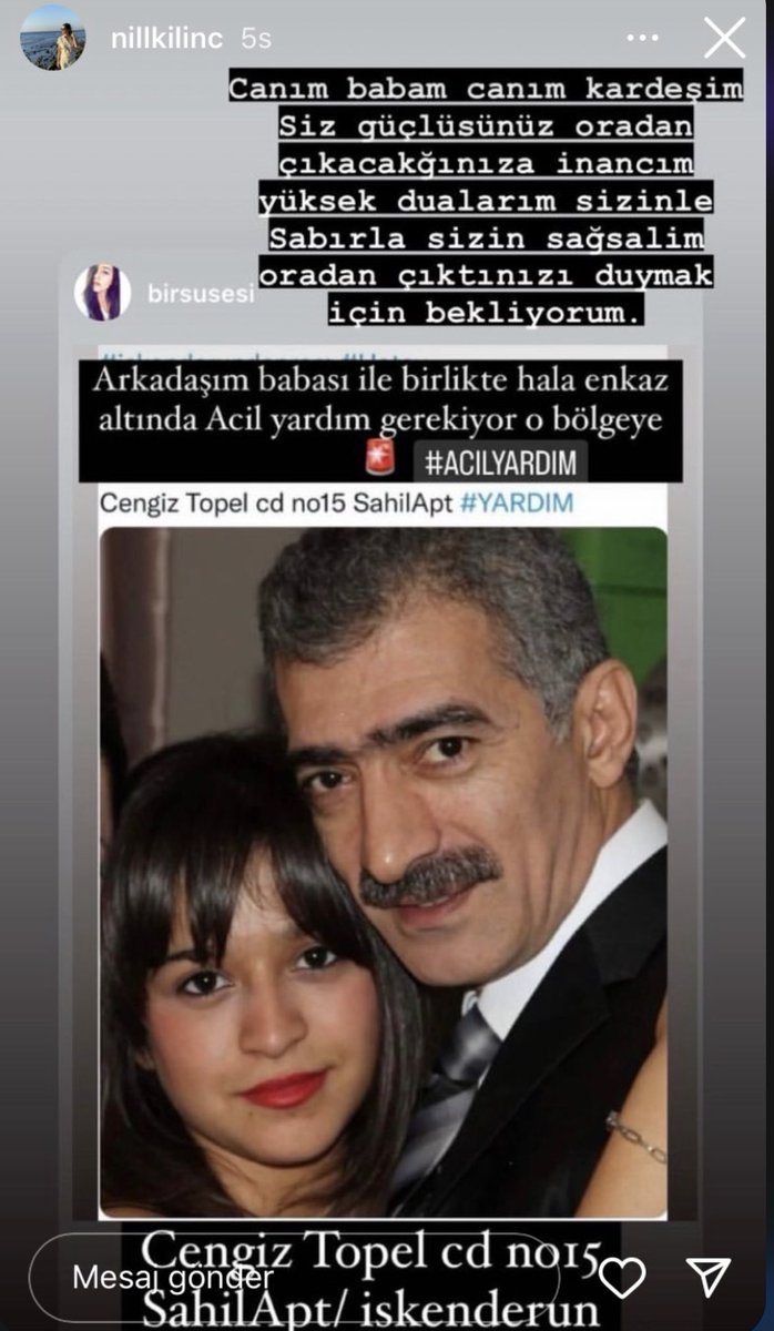 Arkadaşlar benim yakın arkadaşımın babası ve kız kardeşi enkaz altındaşar şu anda ve çok kötü durumda ablası annesi lütfen rt ile paylaşır mısınız ? benim için çok değerliler 🙏🏼 Cengiz Topel Caddesi, No:15 Sahil Apt.
İskenderun / Hatay