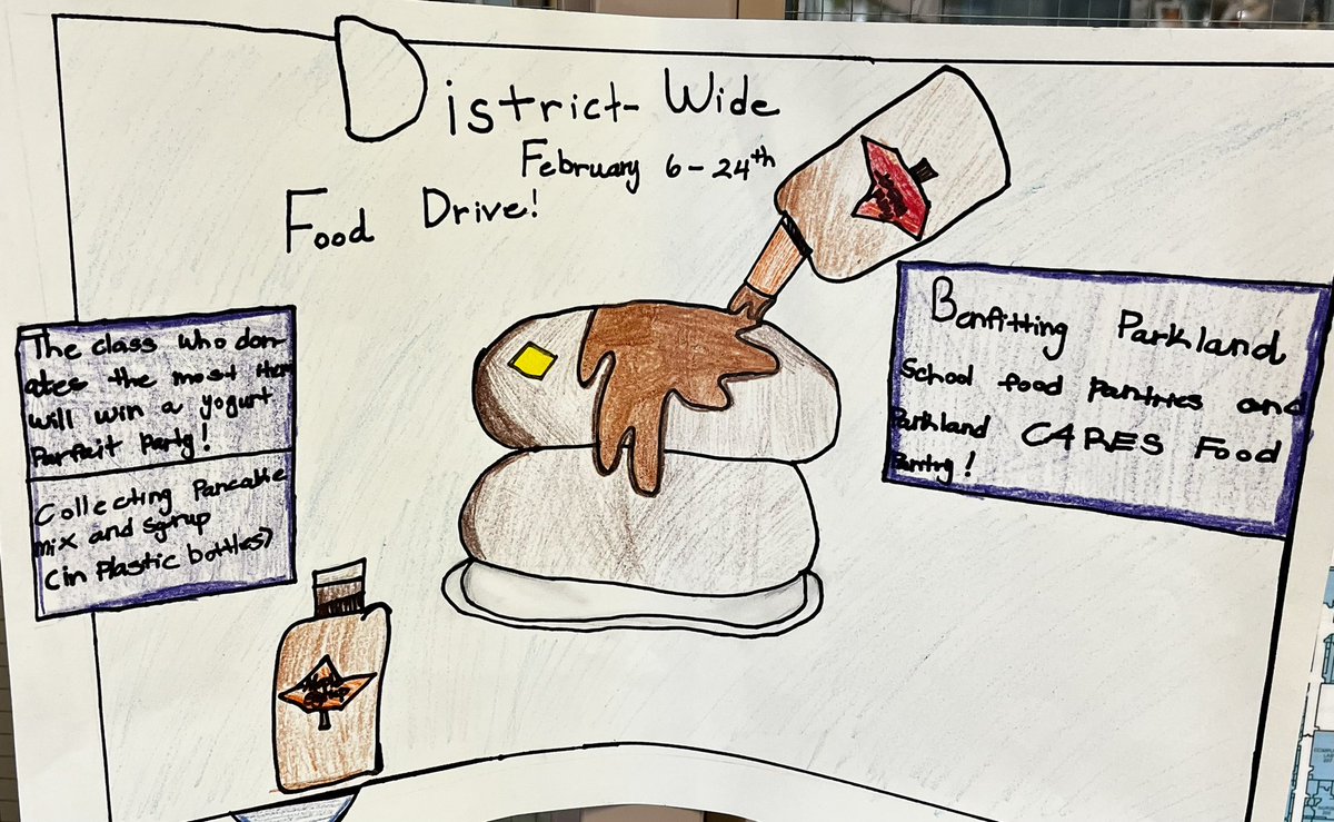 In the loving spirit of this week’s Valentine’s celebrations, 5th grade volunteers have been busy making posters to promote the District-Wide Food Drive benefiting Parkland food pantries. Please consider donating pancake mix and syrup!🥞