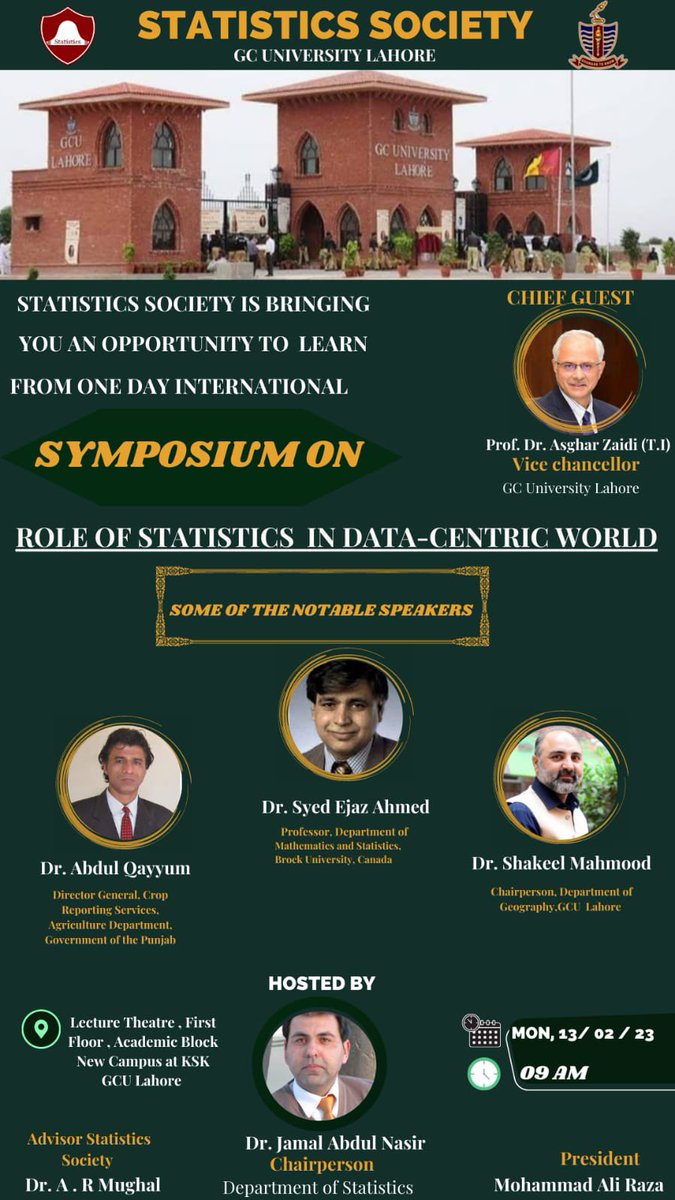 zaidia's tweet photo. Statistics Society presents the seminar ‘Role of Statistics in Data-Centric World’. Come and join at the New Campus @gcu_ksk https://t.co/5CpgMJ6W8P