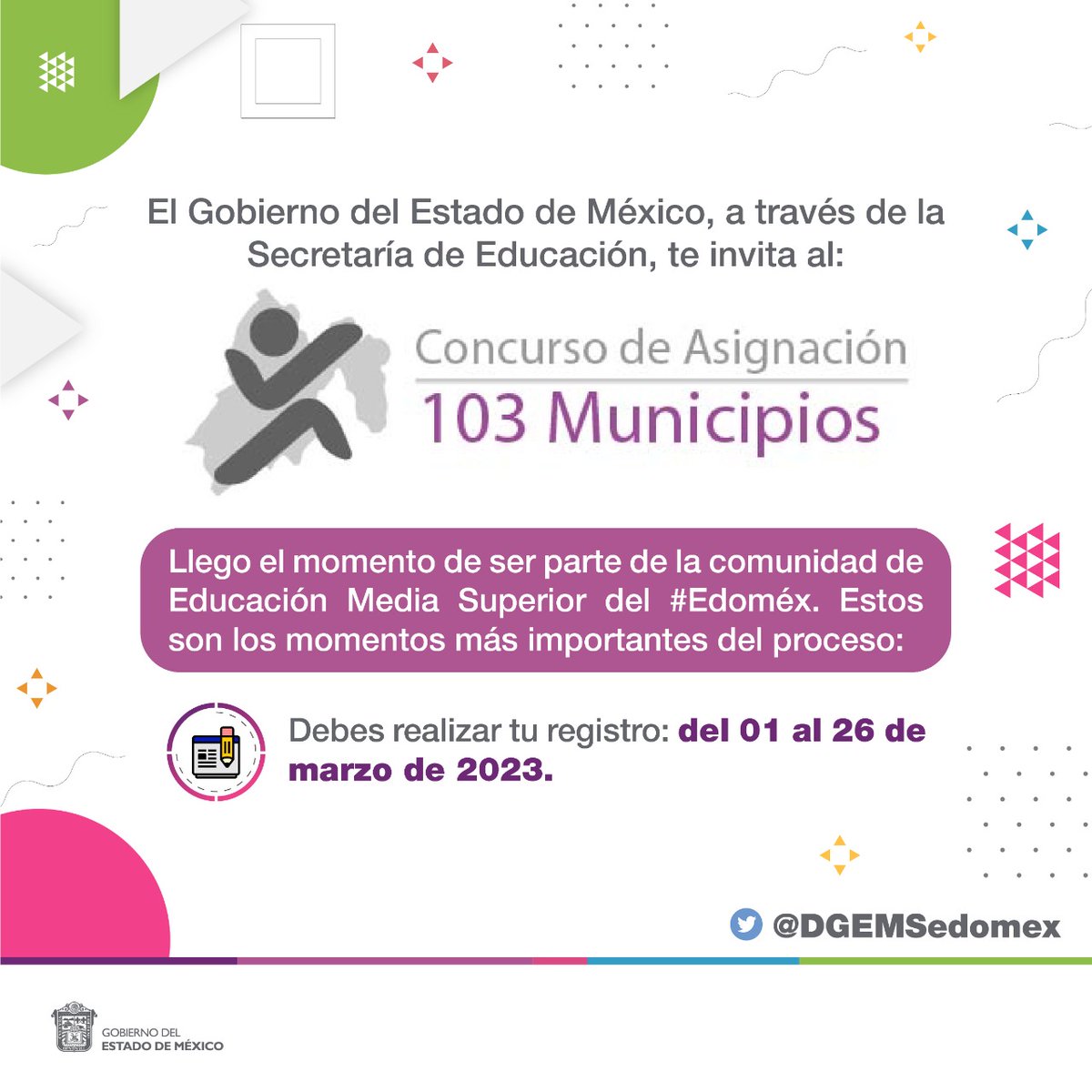 DBT_Edomex's tweet photo. Conoce las fechas más importantes del Concurso de Asignación a la Educación Media Superior para los #103MunicipiosEdoméx 👇
Conoce la convocatoria en:   https://t.co/0RtyqnmVIZ
@DGEMSedomex https://t.co/NsNuoYTNVQ