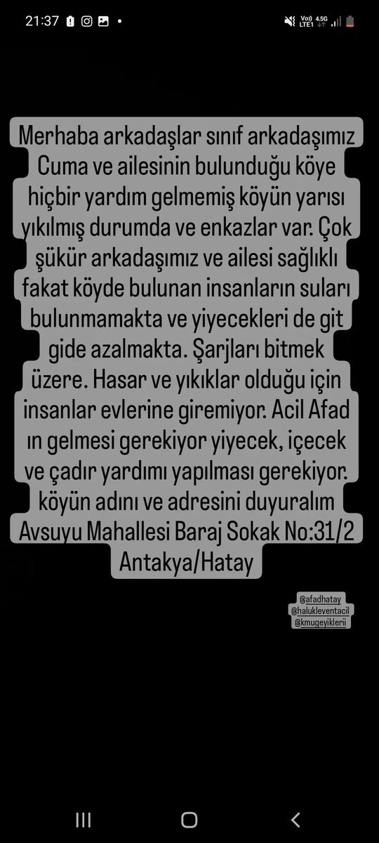 seliimakbas's tweet photo. Avsuyu mahallesi baraj sokak no:31/2 Antakya/Hatay
Paylaşalım yayalım!!!
#hatayyardimbekliyor #seferberlik #deprem #sondakikadeprem #Turkey @ahbap @AFADBaskanlik https://t.co/axud9B47GK