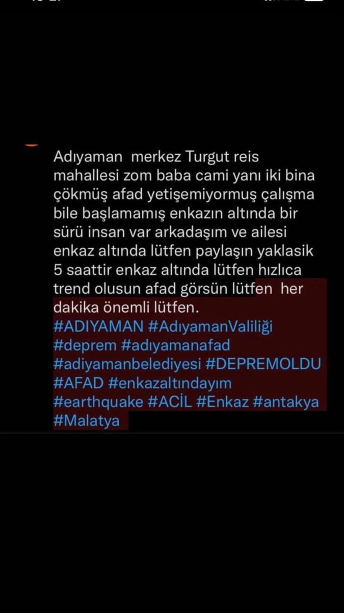 atakdmn9's tweet photo. Arkadasimiz saatlerdir enkaz altindaymis lutfen yardim edelim
@OguzhanUgur @AFADAdiyaman @haluklevent @ahbap @AdiyamanBelTR https://t.co/2tKCIG3Bae