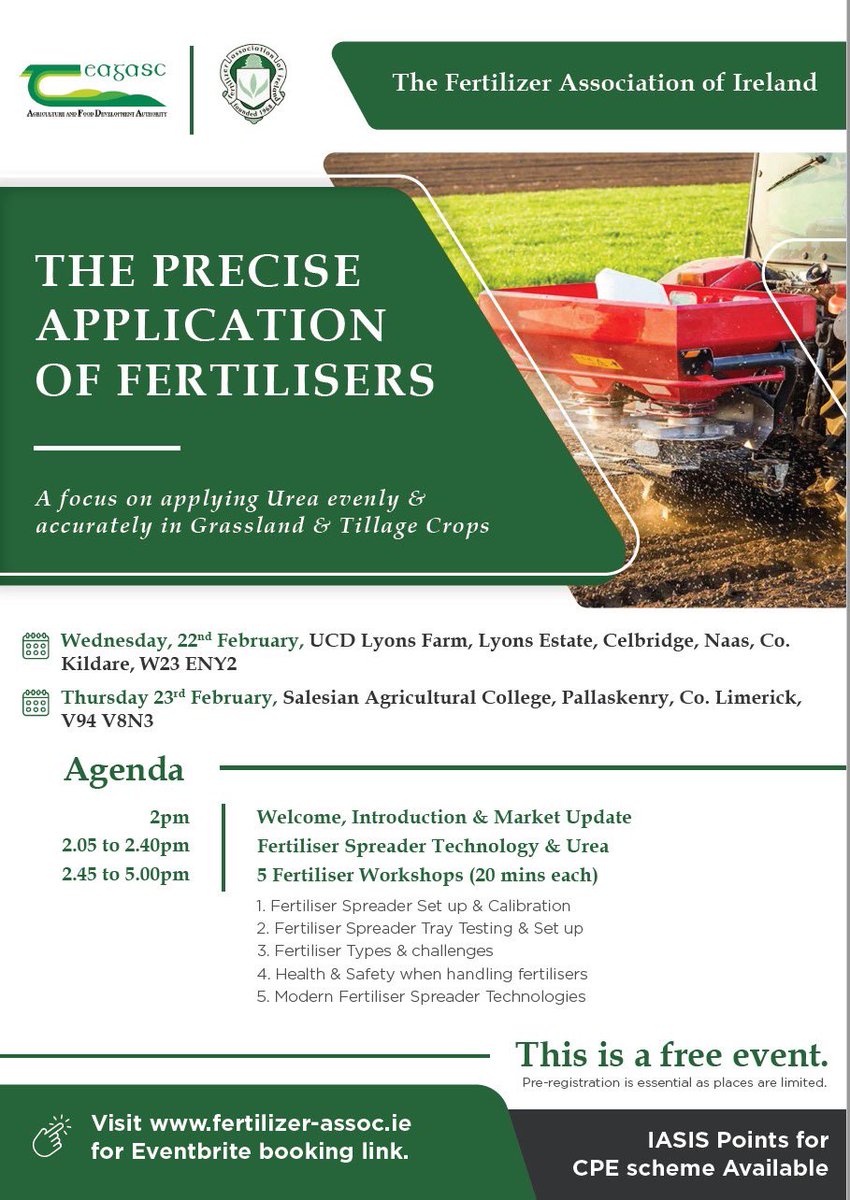 Back by popular demand, our Precise Application of Fertilisers events in conjunction with @teagasc are coming to @ucdlyonsfarm and @salesianpallas in February 2023. Spaces are limited so please book in advance from our website. Retweets appreciated. fertilizer-assoc.ie/precise-applic…
