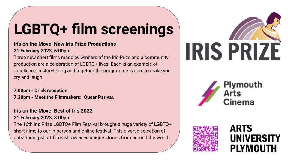 drstevenpaige's tweet photo. @irisprize are coming to Plymouth! 

Feb 21 from 6pm! 

Perfectly formed queer film shorts screening - plus talks and drinks reception.  

Book @PlymArtsCinema 
#lgbtq #film #queer #plymouth https://t.co/no5jdmPjId