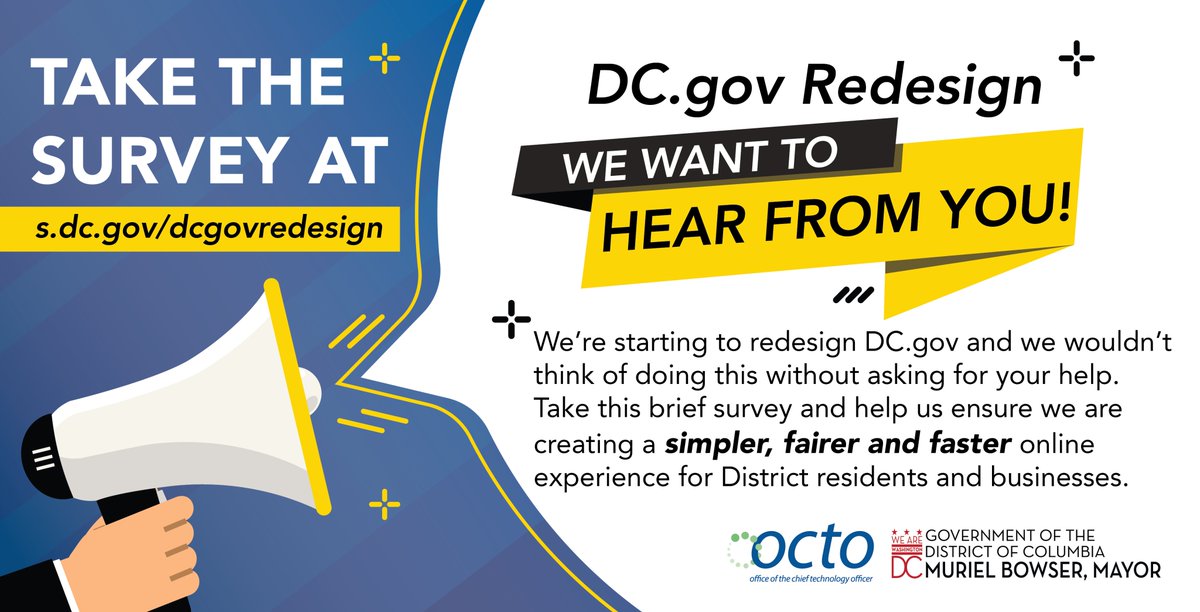 OCTODC's tweet image. We’re redesigning DC.gov to create a simpler, fairer &amp;amp; faster experience for all District residents &amp;amp; businesses.

As we begin this work, we really want to hear your ideas &amp;amp; receive your feedback. 

Take the survey ➡️ s.dc.gov/dcgovredesign 

 #dcgovredesign