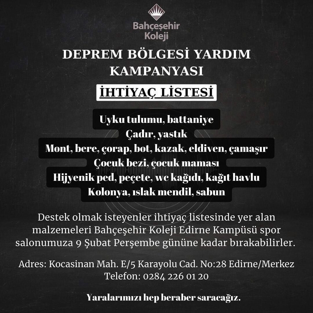 Deprem bölgesine ulaştırmak üzere kampüsümüzde Okul Aile Birliğimizin öncülüğüyle düzenlenen yardım kampanyası için desteklerinizi bekliyor, bu zor günlerin üstesinden hep birlikte geleceğimize inanıyoruz. 

#deprem #yardım #duyuru