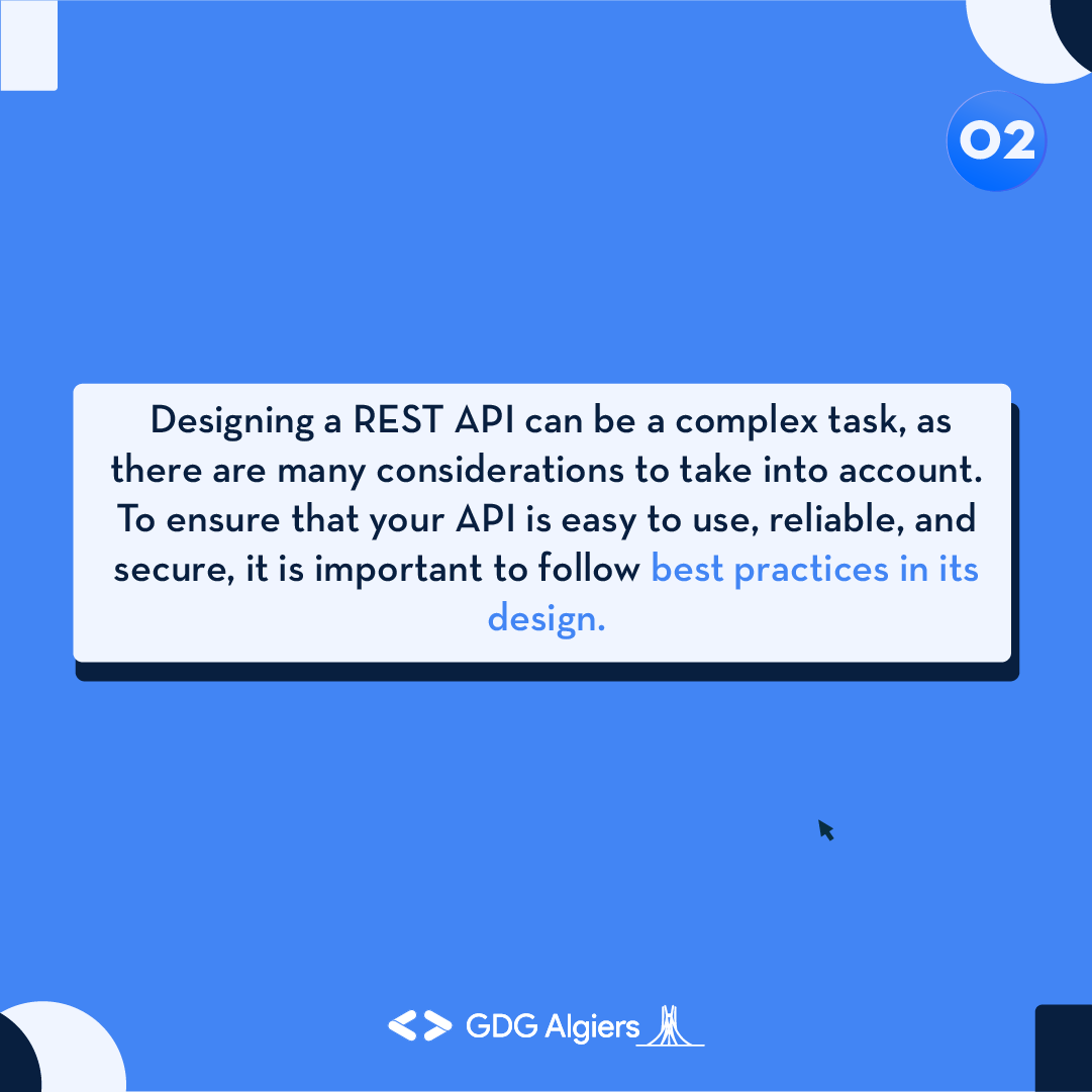GDG_Algiers's tweet photo. In today's installment we'll be looking into the best practices to follow with the REST API, 🤔 and what conventions to stick to, to ensure your interface offers the best possible performance 🔥 while maintaining the most optimal code structure. 👨💻
#GDG #webdev #webitup #REST https://t.co/wIj7EqMFnq
