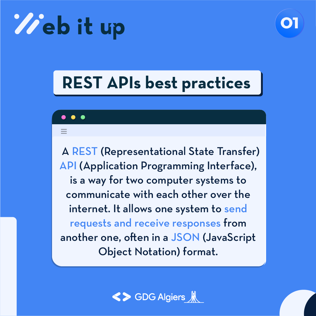 GDG_Algiers's tweet photo. In today's installment we'll be looking into the best practices to follow with the REST API, 🤔 and what conventions to stick to, to ensure your interface offers the best possible performance 🔥 while maintaining the most optimal code structure. 👨💻
#GDG #webdev #webitup #REST https://t.co/wIj7EqMFnq