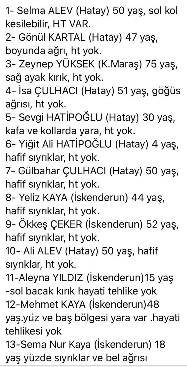 _ACAKIR61's tweet photo. Birçok ilimizde meydana gelen deprem felaketinde yaralanan vatandaşlarımızdan; Mersin Şehir Hastanesine getirilenlerin isim soyisim ve durumları ulaştırabildiğimiz kadar ulaştıralım..Flood şeklinde aşşağıya doğru devam edicek fotoğraflar+++++++ https://t.co/gk3lYpxjQf